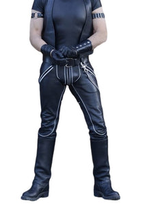 Men's Real Leather Pants with White Piping