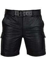 Load image into Gallery viewer, Men&#39;s Real Leather Black Cargo Shorts
