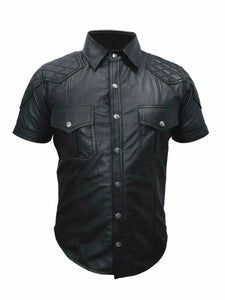 Men's Genuine Leather Quilted Short Sleeve Shirt