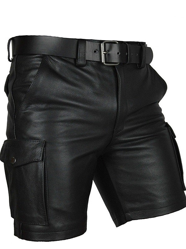 Men's Real Leather Black Cargo Shorts