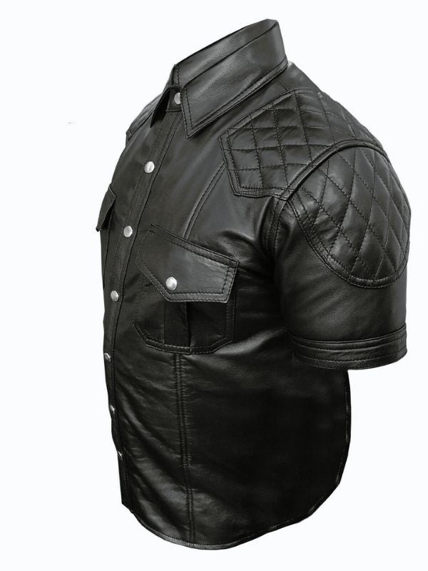 Men's Genuine Leather Quilted Short Sleeve Shirt