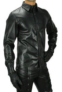 Men's Black Genuine Leather Long Sleeves Shirt