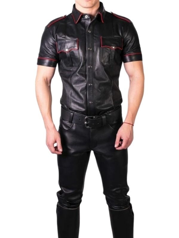 Men's Real Leather Uniform Shirt - Red Accent