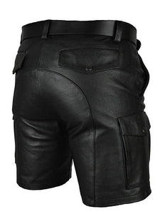 Men's Real Leather Black Cargo Shorts