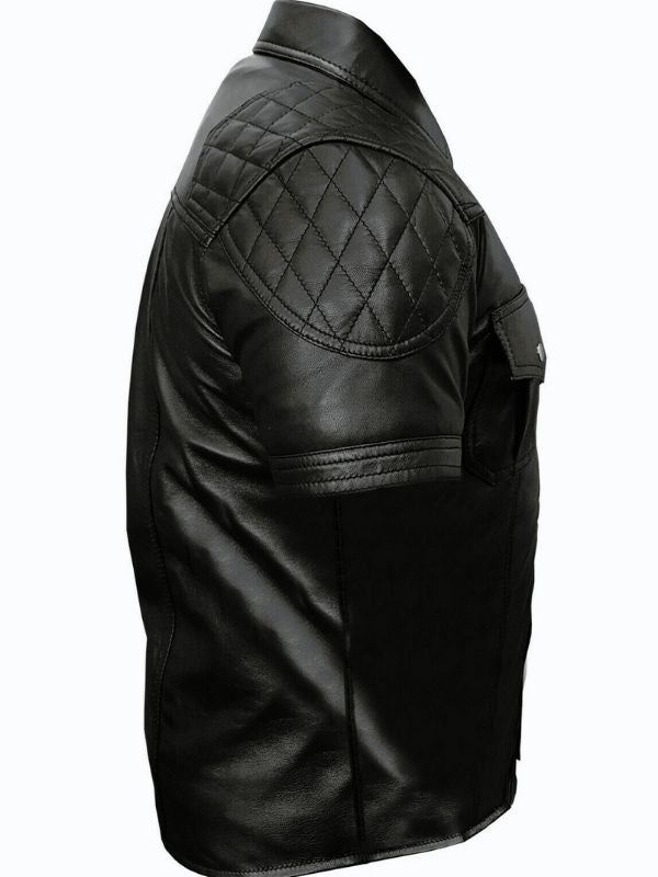 Men's Genuine Leather Quilted Short Sleeve Shirt