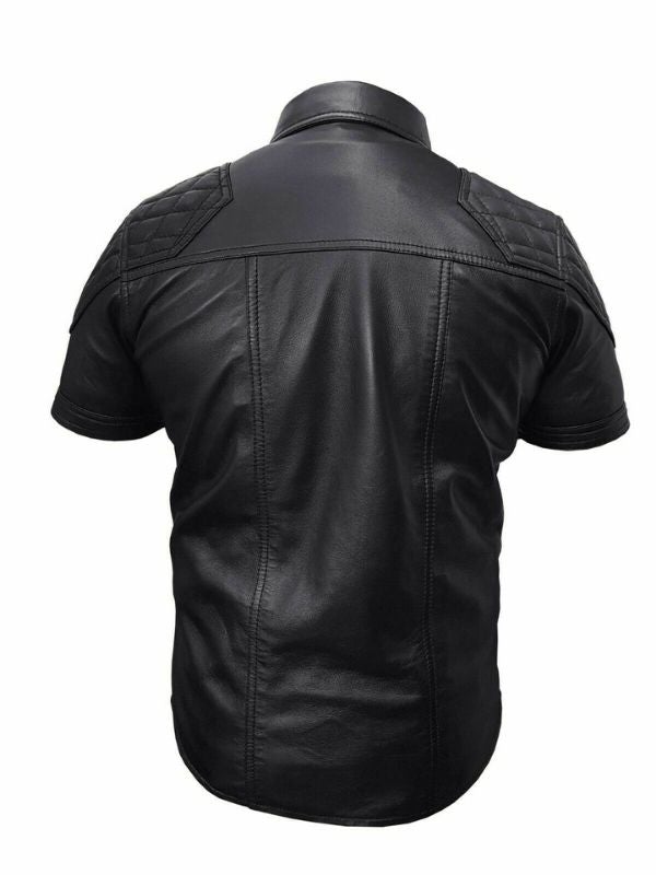 Men's Genuine Leather Quilted Short Sleeve Shirt