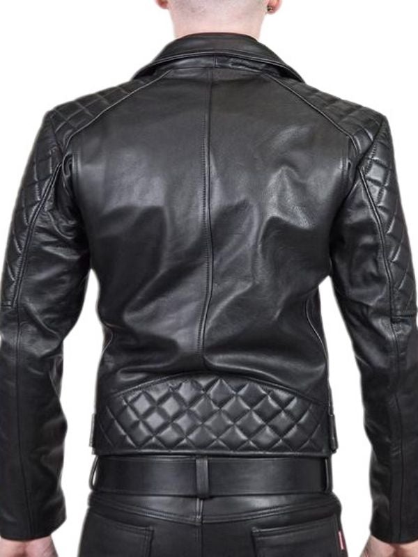 Back view of gay leatherman wearing heavy-duty black BLUF-style leather jacket with padded waistband