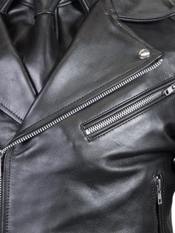Detail of BLUF leather jacket lapel collar and YKK metal zipper – handcrafted gay fetish gear