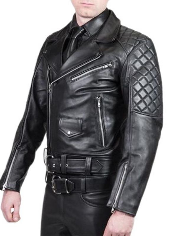Gay leatherman in black Leather BLUF Jacket with full-length zipper and padded shoulders – fetishwear style