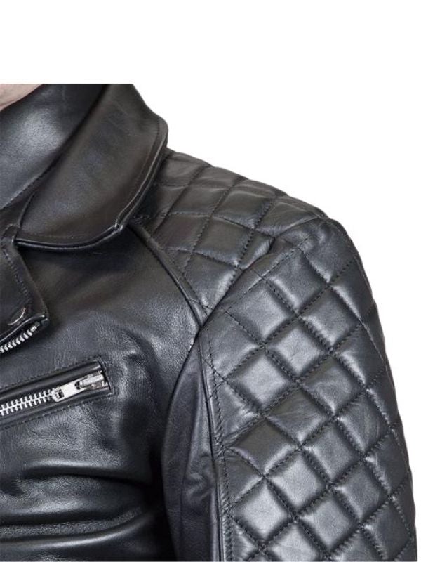 Close-up of padded leather shoulder detail on gay Leather BLUF Jacket – premium BDSM fetish design