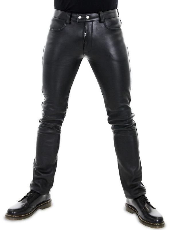 Tight fit black leather jeans for BLUF leather look – front view