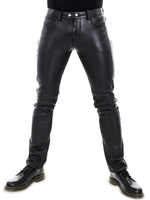 Load image into Gallery viewer, Tight fit black leather jeans for BLUF leather look – front view

