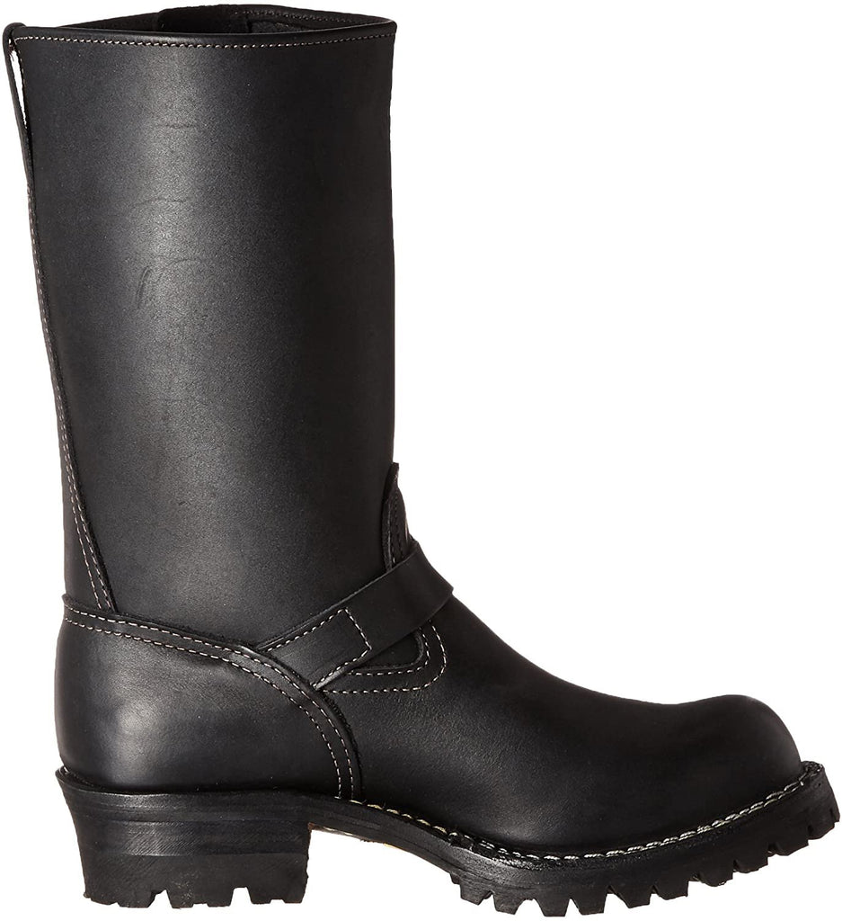 Right side view of black 11-inch biker boots for gay leather scene and motorcycle fetish wear