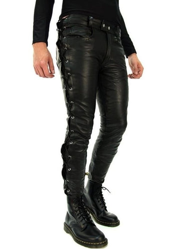 Angled right-side view of biker’s side laced black leather pants for gay men, crafted in full-grain cowhide with fetish styling by Leather Gear.