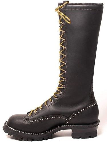 Left side view of Black Leather Jobmaster Boot – tall 16-inch gay fetish boot with rugged Vibram lug sole and full-grain leather construction by Leather Gear