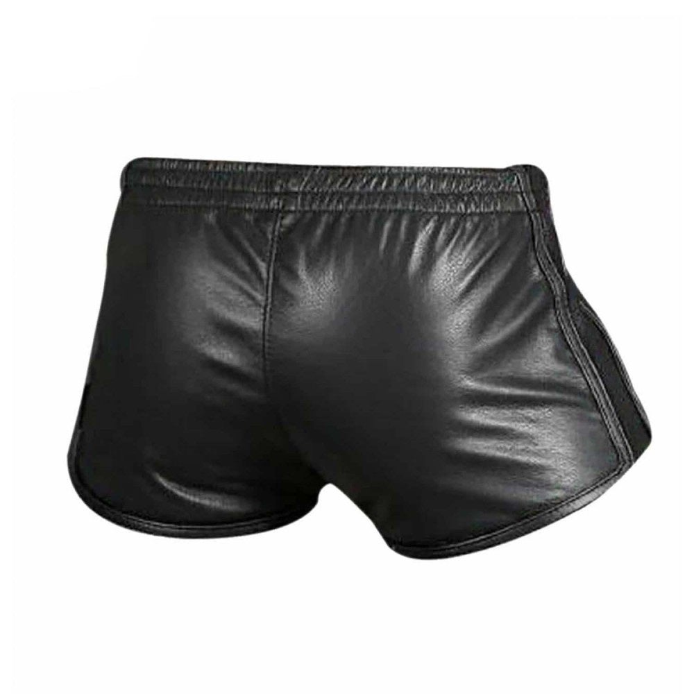 Back view of men's black leather shorts – snug fit, breathable cowhide leather, designed for gay leathermen and kinkwear enthusiasts