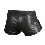 Lade das Bild in den Galerie-Viewer, Back view of men&#39;s black leather shorts – snug fit, breathable cowhide leather, designed for gay leathermen and kinkwear enthusiasts
