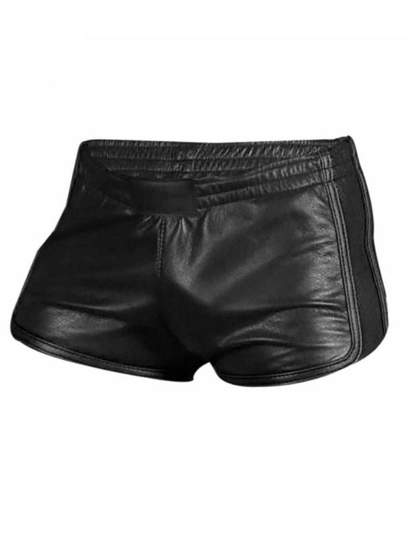 Front view of black leather sports shorts for gay men – perforated cowhide, low-rise fit, fetish gymwear by Leather Gear