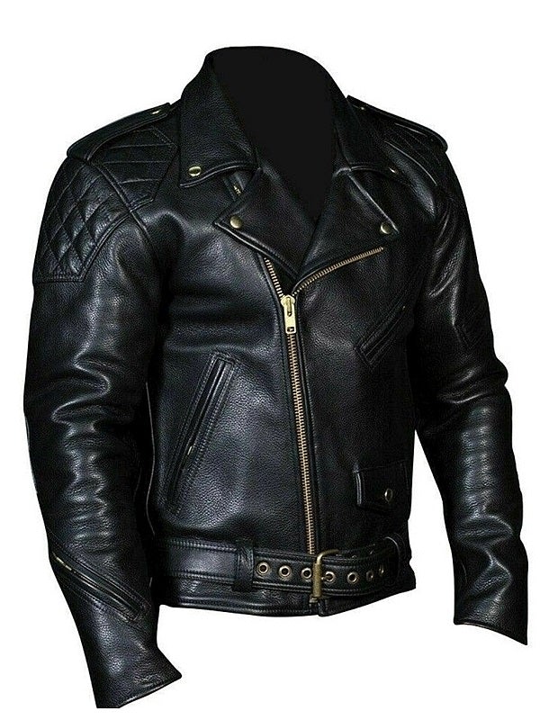 Front view of BLUF cop-style black leather jacket with silver zipper and chest pocket – gay leather fetish gear