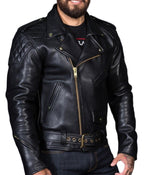 Lade das Bild in den Galerie-Viewer, Angled front shot of gay leather police jacket with epaulettes and waist belt – BLUF uniform fashion
