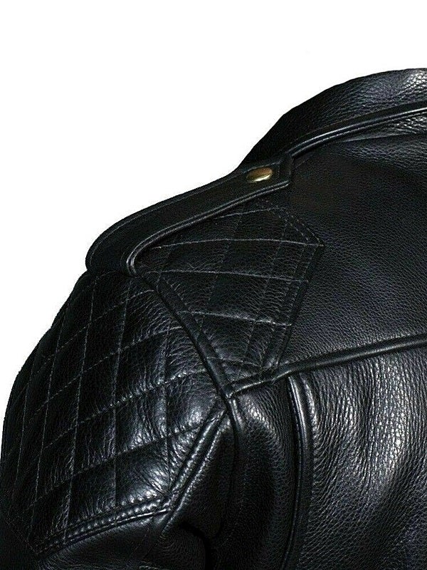 Closeup of shoulder epaulette and stitching detail – premium gay leather cop jacket