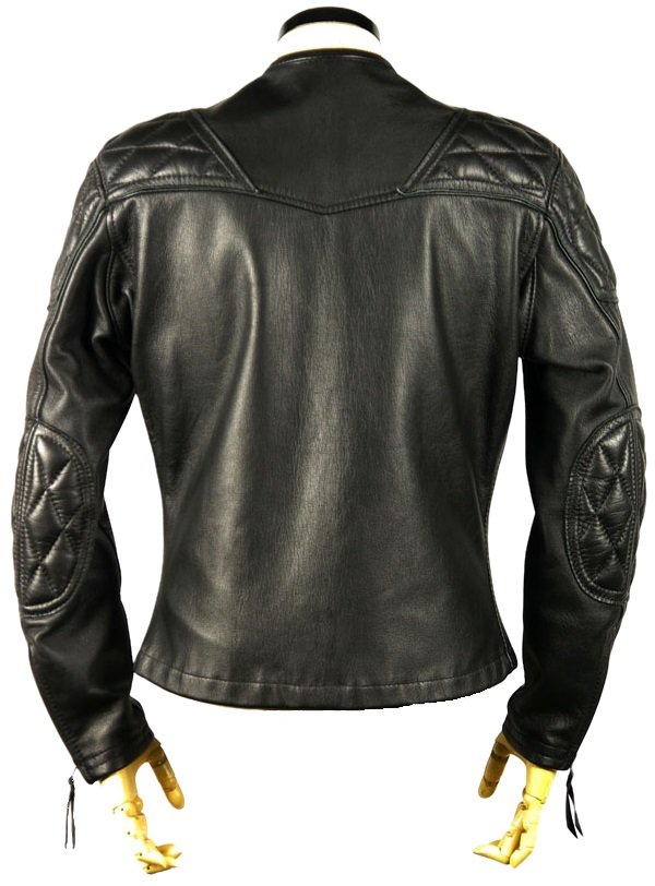Back view of gay leather motorcycle jacket with padded shoulders – fetish uniform style