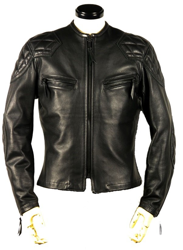 Front view of Classic Leather Motorcycle Jacket – black padded gay biker gear by Leather Gear