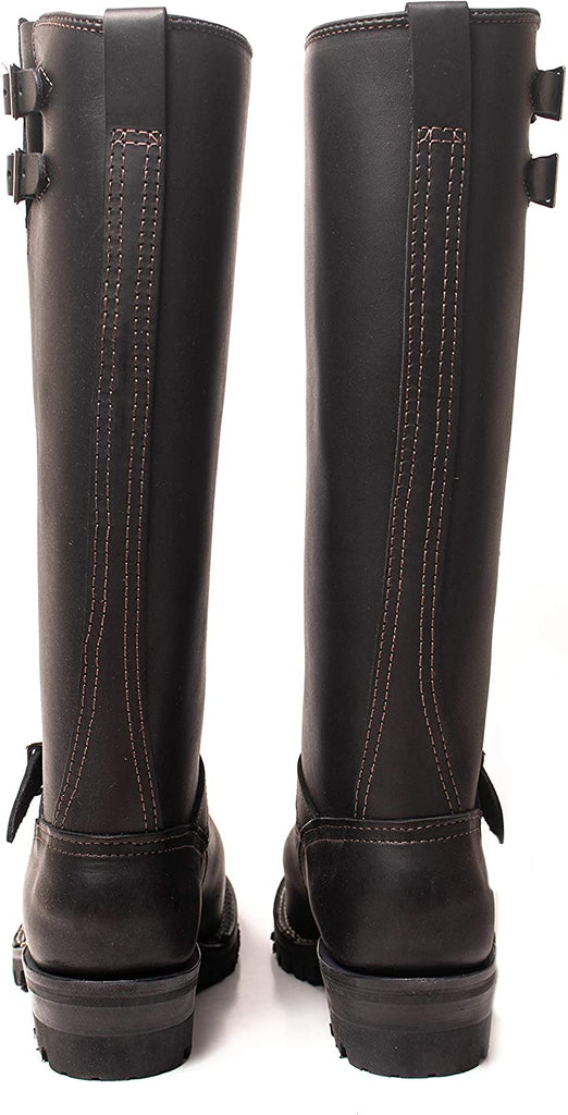 Rear view of 16-inch black leather boots with reinforced stitching and classic pull-on style – leather gear for gay fetish and biker looks