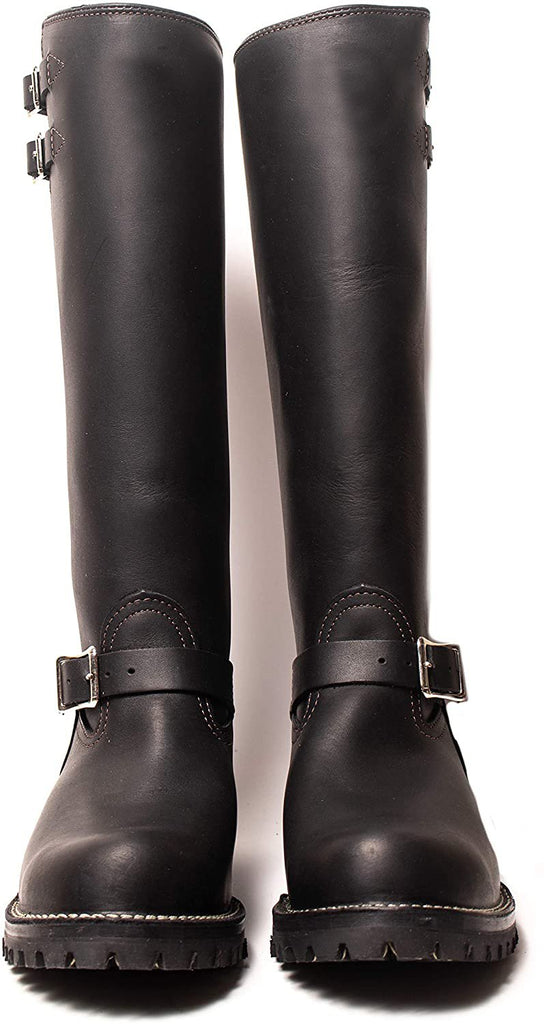 Front-facing view of heavy-duty black leather engineer boots with square toe – designed for BLUF fetish, bikers, and leather scenes by leathergear