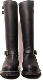Load image into Gallery viewer, Front-facing view of heavy-duty black leather engineer boots with square toe – designed for BLUF fetish, bikers, and leather scenes by leathergear

