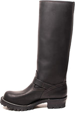Load image into Gallery viewer, Side view of 16-inch black leather engineer boots with dual buckle straps – gay leather boots for BLUF and biker fetishwear by leather gear
