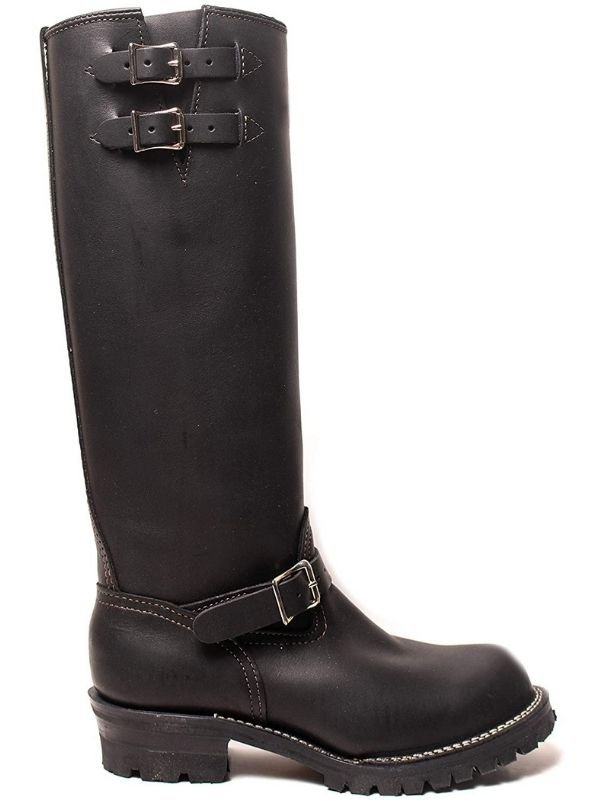 Right profile of black full-grain leather fetish boots with ankle and shaft buckles – ideal for gay leather uniforms and motorcycle play