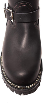 Load image into Gallery viewer, Top-down view of rugged gay black leather boots with cushion insole and thick lug sole – perfect for black gay uniform gear
