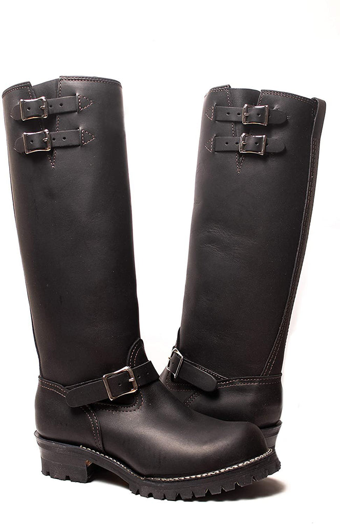 Full pair of black leather fetish boots with dual silver buckles – essential gay leather gear for motorcycle, BLUF, and dungeon play