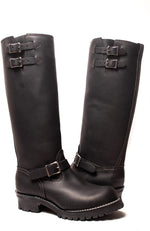 Load image into Gallery viewer, Full pair of black leather fetish boots with dual silver buckles – essential gay leather gear for motorcycle, BLUF, and dungeon play
