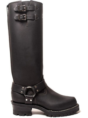 Right profile of 16-inch black leather BLUF uniform boots with nickel-plated rings and rugged construction for biker and fetish gear by leather gear