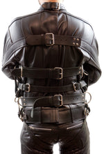 Lade das Bild in den Galerie-Viewer, Back view of Leather Bondage Straitjacket with leg straps and rear Velcro closure visible
