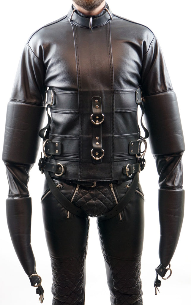 Front view of Leather Bondage Straitjacket with arms down, model standing in relaxed pose
