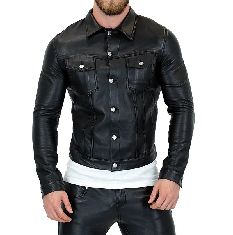 Front view of man wearing leather denim jacket with buttons closed – gay leather streetwear
