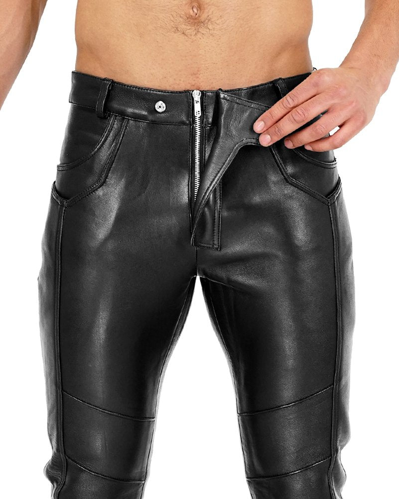 Close-up of front zipper fly on black cowhide leather fetish pants