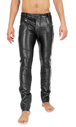 Load image into Gallery viewer, Front view of gay leather pants with low waist and sleek zipper fly
