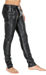 Load image into Gallery viewer, Side view of tight black leather fetish jeans pants with cowhide finish
