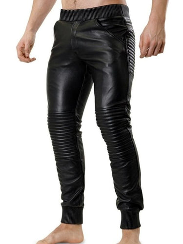 Angled front view of Leather Jogger Pants – black leather pants with tapered fit and drop crotch for gay leathermen
