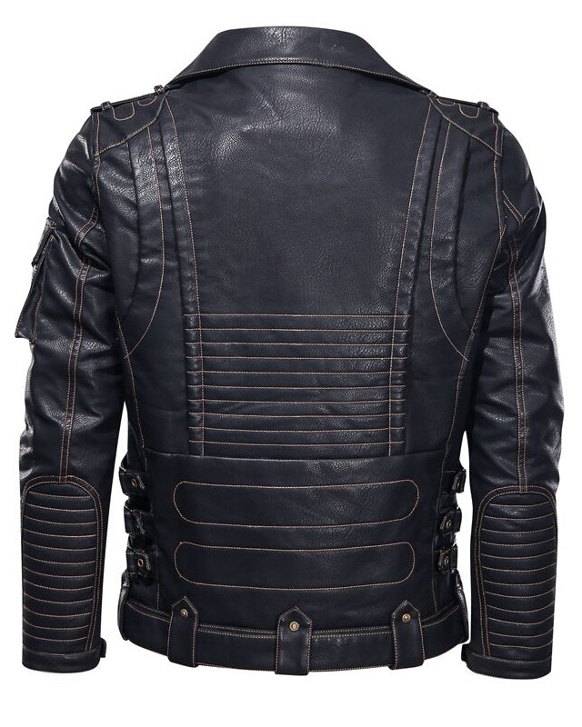 Back view of black full-grain leather fetish jacket – gay BDSM outerwear