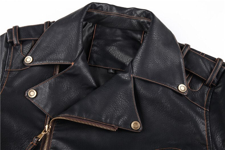 Close-up of lapel collar on black leather biker jacket – masculine gay fetish style