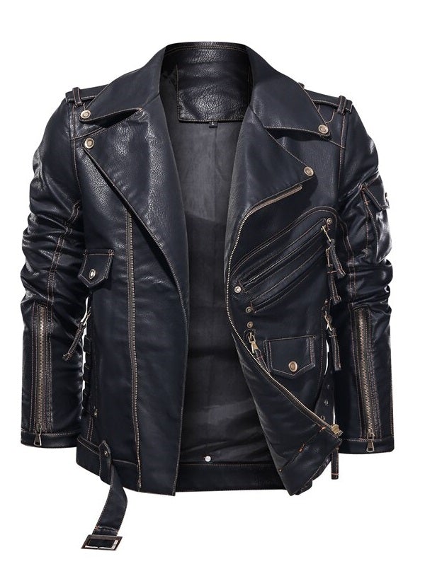 Front view of black leather punk jacket with full zipper and epaulettes – gay fetishwear