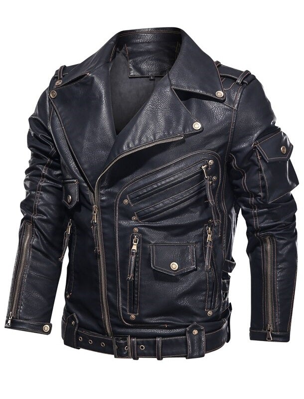 Front view of men’s leather uniform jacket with waist belt and lapel collar – BLUF style