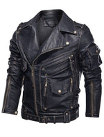 Lade das Bild in den Galerie-Viewer, Front view of men’s leather uniform jacket with waist belt and lapel collar – BLUF style
