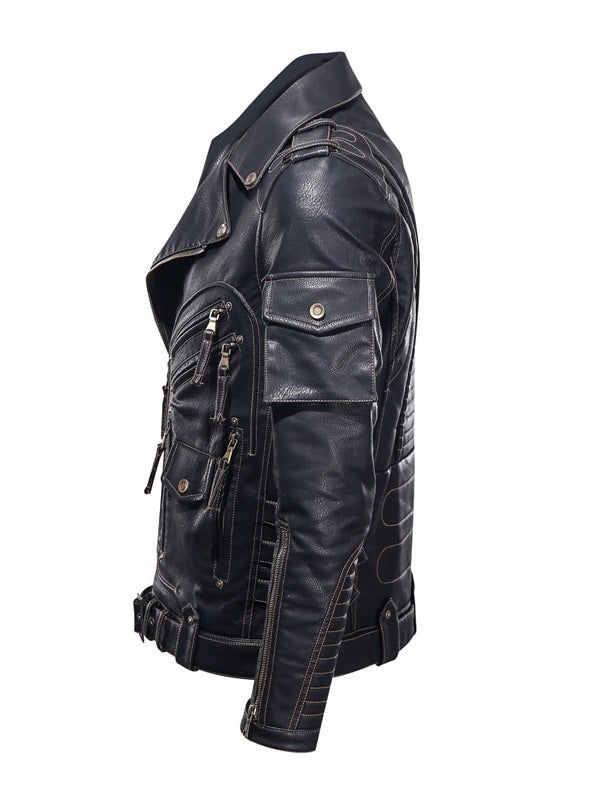 Side view of leather punk jacket showing sleeve details and waist belt – fetish gear