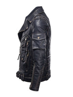 Lade das Bild in den Galerie-Viewer, Side view of leather punk jacket showing sleeve details and waist belt – fetish gear
